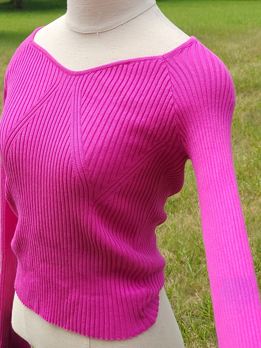 Women’s Off-the-Shoulder Ribbed & Fitted Sweater - Hot Pink Size XS - Picture 2 of 6